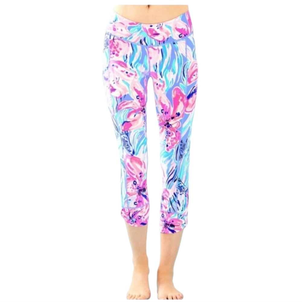Lilly Pulitzer Luxletic Capri Leggings XS Pink Blue Floral UPF 50+ Side Pocket